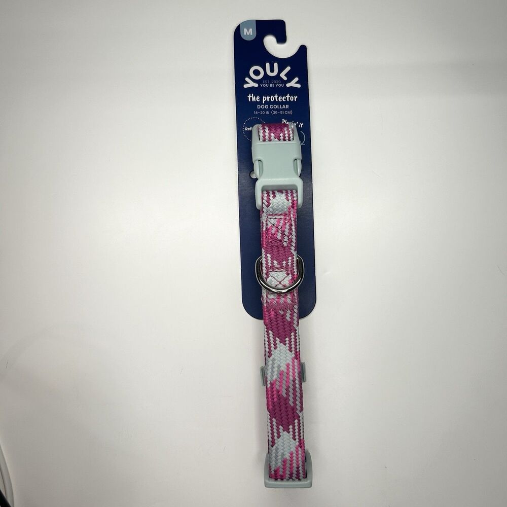 YOULY The Protector Dog Collar Reflective Pink & Gray, M Medium Pet 14”-20”